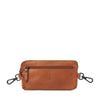 Stylish brown leather waist pack with zippers and hooks for insulin pump storage.