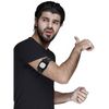 Person in black t-shirt showcasing Medtronic Simplera CGM with adjustable armband