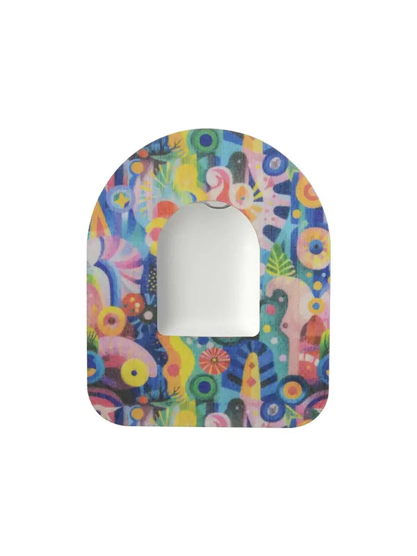 Colorful Omnipod Pod Patch with childhood memories design for secure insulin pump adhesion.