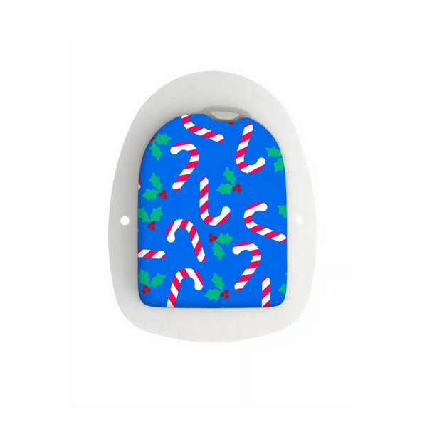 Omnipod POD Christmas edition sticker with candy canes and holly design.