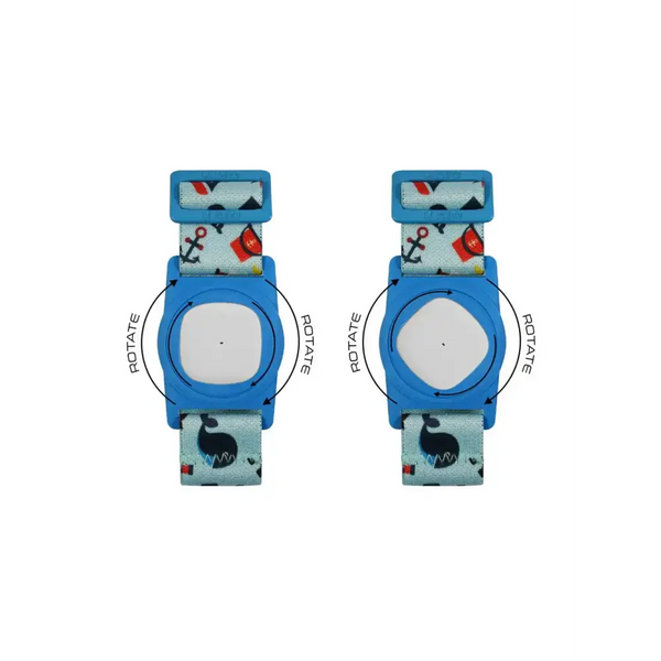 Medtronic Simplera Armband for children with rotating clip and metal adjuster, showcasing playful prints and durable design.