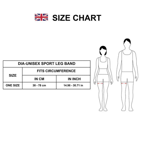 Size chart for Dia-Unisex Sport Leg Band showing fitting circumference in cm and inches for one size.