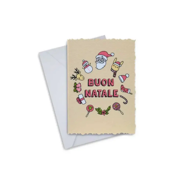 Elegant Christmas greeting card with festive icons and "Buon Natale" text, accompanied by an envelope.