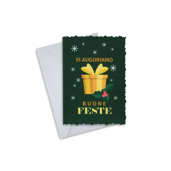 Elegant Christmas greeting card with gift design, featuring "Vi Auguriamo Buone Feste" message, includes envelope.