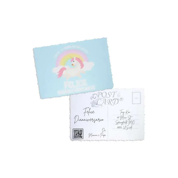 Diaversary postcards with empowering designs on premium canvas, featuring a unicorn and blank space for personalization.