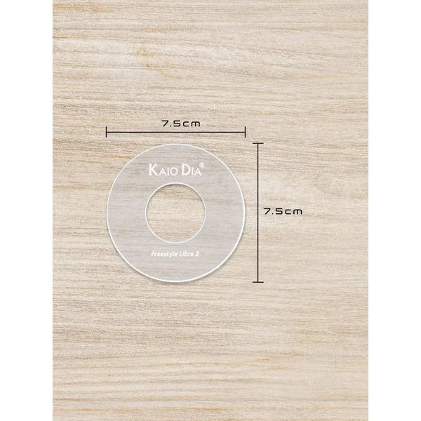 CGM Sensor Patch Template on wooden background showing 7.5cm dimensions.