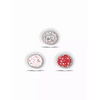 Three decorative round buttons with heart and floral patterns from Dexcom G7 Stickers Valentine Edition 2025