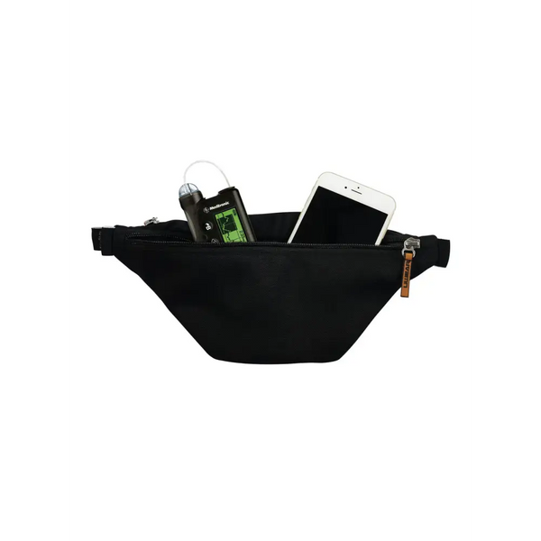 Black Dia-Fanny Pack displaying electronic devices and diabetic supplies inside