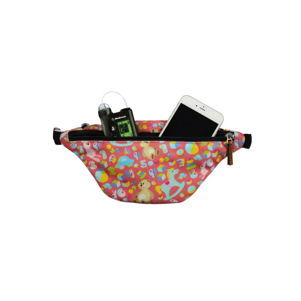 Pink Dia-Fanny Pack with colorful heart and rainbow pattern for diabetic supplies
