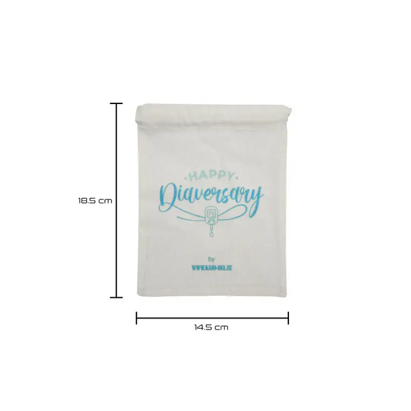 Kaio-Dia Diaversary Large Gift Bag with 'Happy Diaversary' design, 14.5 cm x 18.5 cm, durable cotton drawstring bag.