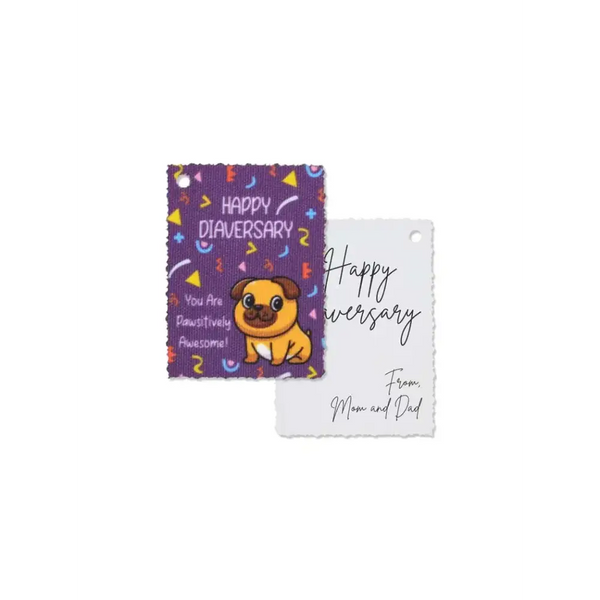 Diaversary Gift Tags on canvas with vibrant design and cheerful pug illustration, perfect for celebrating diabetes milestones.