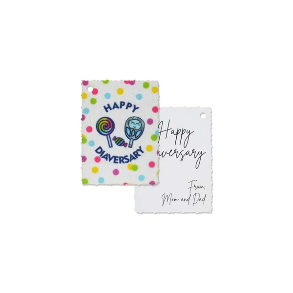 Diaversary gift tags with colorful polka dots, lollipop graphics, and a blank side for messages.