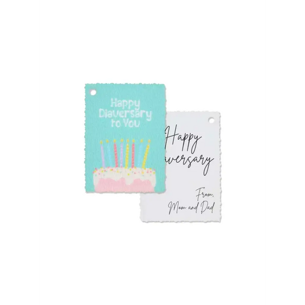 Diaversary gift tags with colorful designs and pre-punched holes, celebrating diabetes anniversaries.