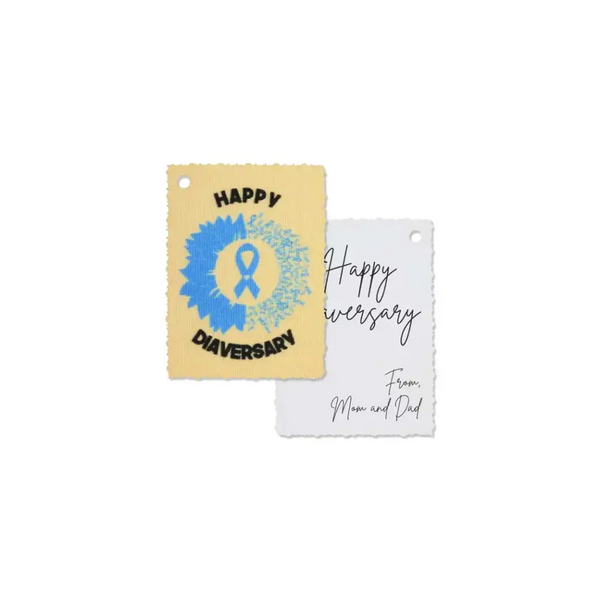 Diaversary gift tags with vibrant designs and heartfelt messages printed on canvas for diabetes anniversary celebration.