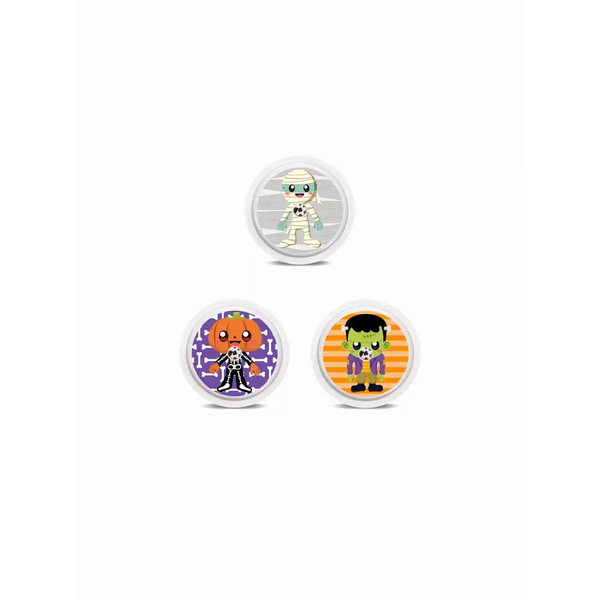 Freestyle Libre 2 Halloween Stickers - Set of 3 featuring cute Halloween characters: mummy, pumpkin head, and Frankenstein on colorful backgrounds.