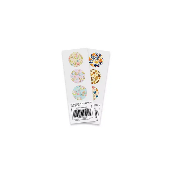 Two sticker sheets featuring circular bunny designs for Freestyle Libre blood glucose monitors