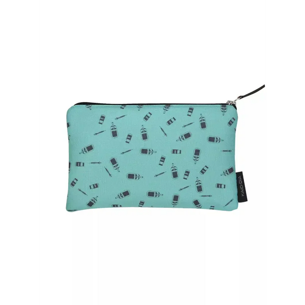 Zipper bag for diabetics in turquoise with medical supplies print, compact and organized storage.