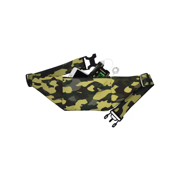Insulin pump belt with camo design featuring two pockets for pump and phone.