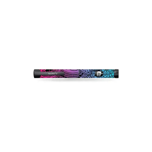 NovoPen Echo insulin pen with vibrant Summer Vibes sticker design in pink, purple, and blue colors