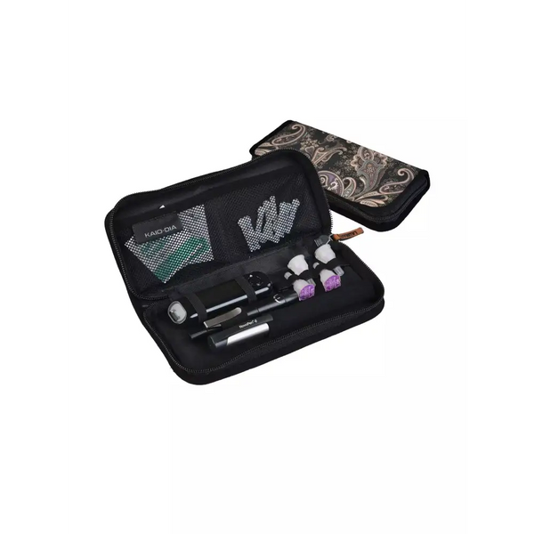 Insulin travel case with compartments for pens, needles, and glucose meter.