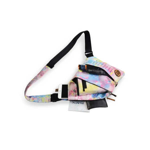 Shoulder bag for diabetics with cooling system and colorful design.