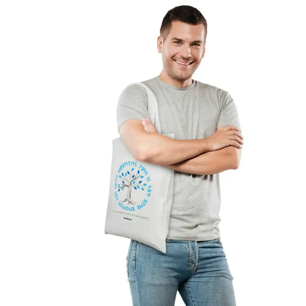 Diabetes Awareness Tote Bag with Viking symbols and rune texts, modeled by a smiling man in a gray shirt.
