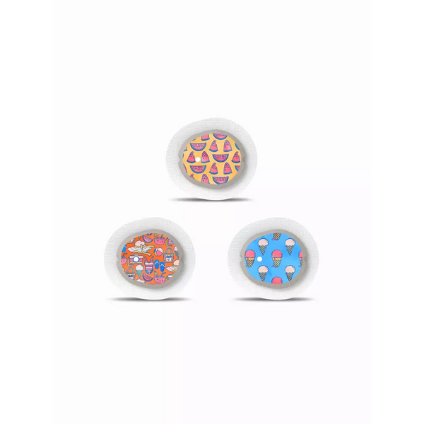 Summer-themed Dexcom G7 stickers featuring vibrant beach and ocean patterns.