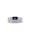 Reversible Type 1 Diabetes awareness wristband for children with "Diabetic" text, vibrant summer patterns, and daisies.