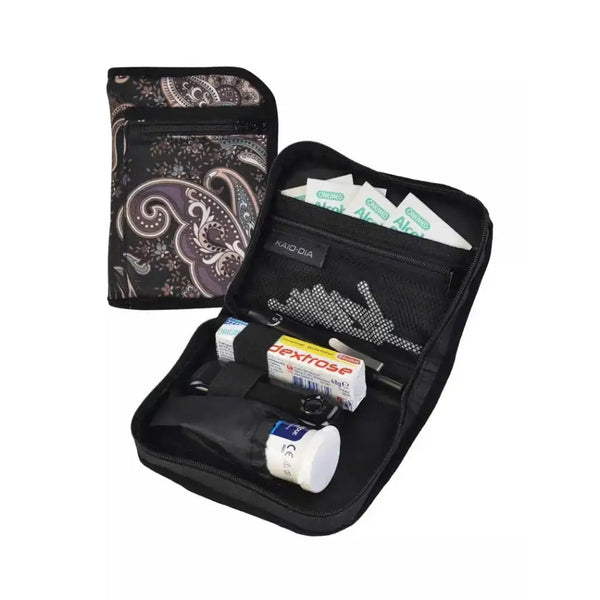 Diabetic travel case with compartments for glucose meter, tablets, and needles in a stylish design.