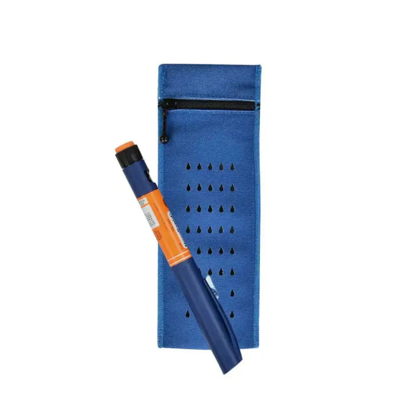 Blue insulin travel case cooler with zipper, designed to keep one insulin pen cool up to 48 hours using water evaporation technology.