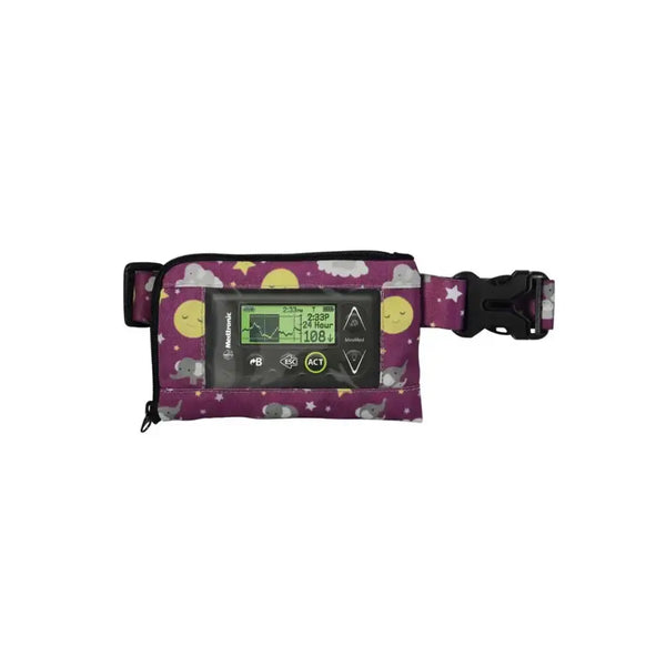Insulin pump belt with window for kids in cute design, adjustable for secure fit.