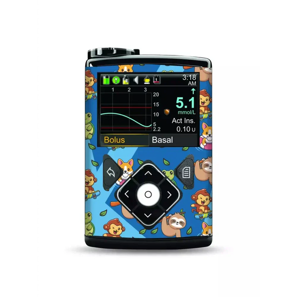 Medtronic MiniMed insulin pump with funny animal decorative sticker, compatible with 630G, 640G, 670G, and 770G models, water-resistant vinyl design.