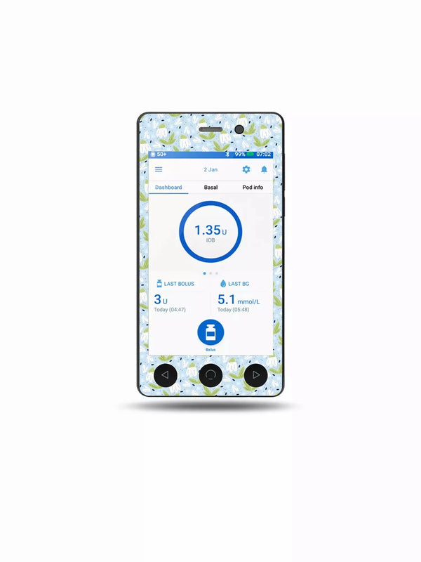 Omnipod DASH decorated with Spring Edition floral stickers.