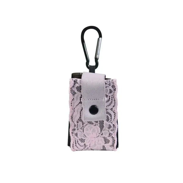 Lace insulin pump pouch with carabiner for secure attachment.