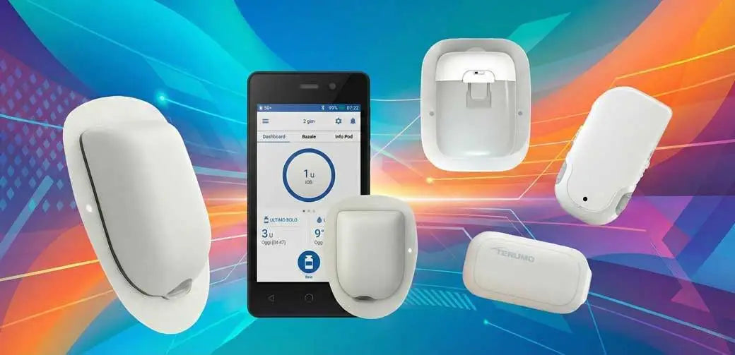 insulin patch pumps and smartphone app display showing modern tubeless insulin pump technology for diabetes management Image