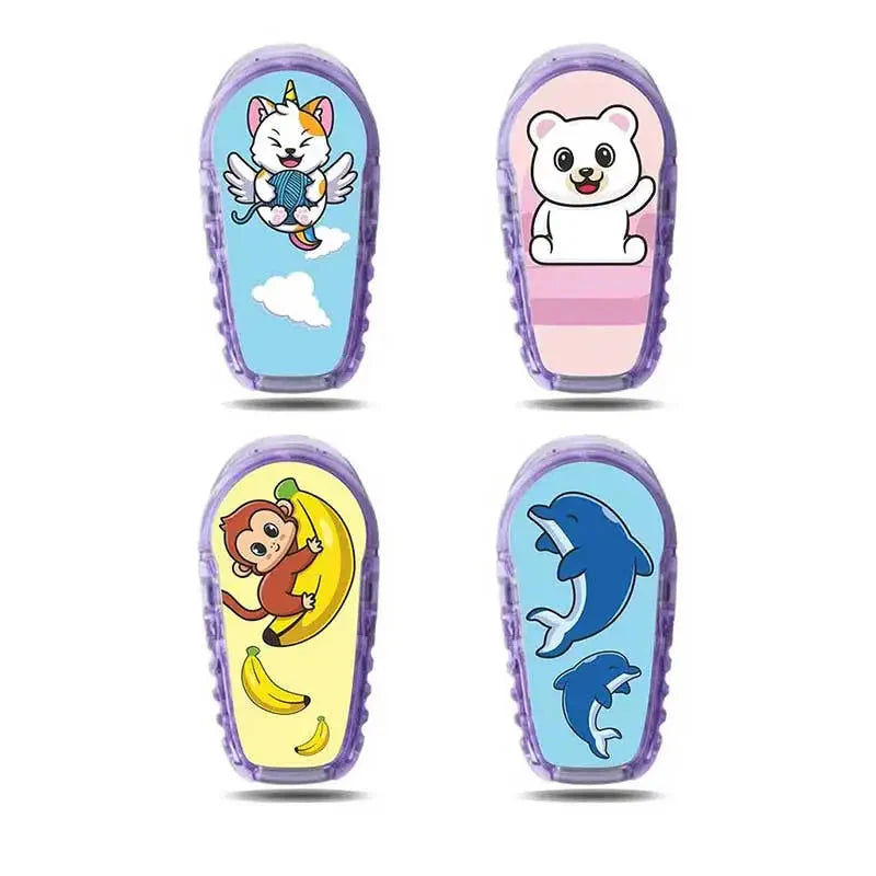 Collection of Dexcom G6 stickers featuring playful designs: unicorn cat, polar bear, monkey with bananas, and dolphins. Perfect Dexcom stickers for personalizing your glucose monitor. Image