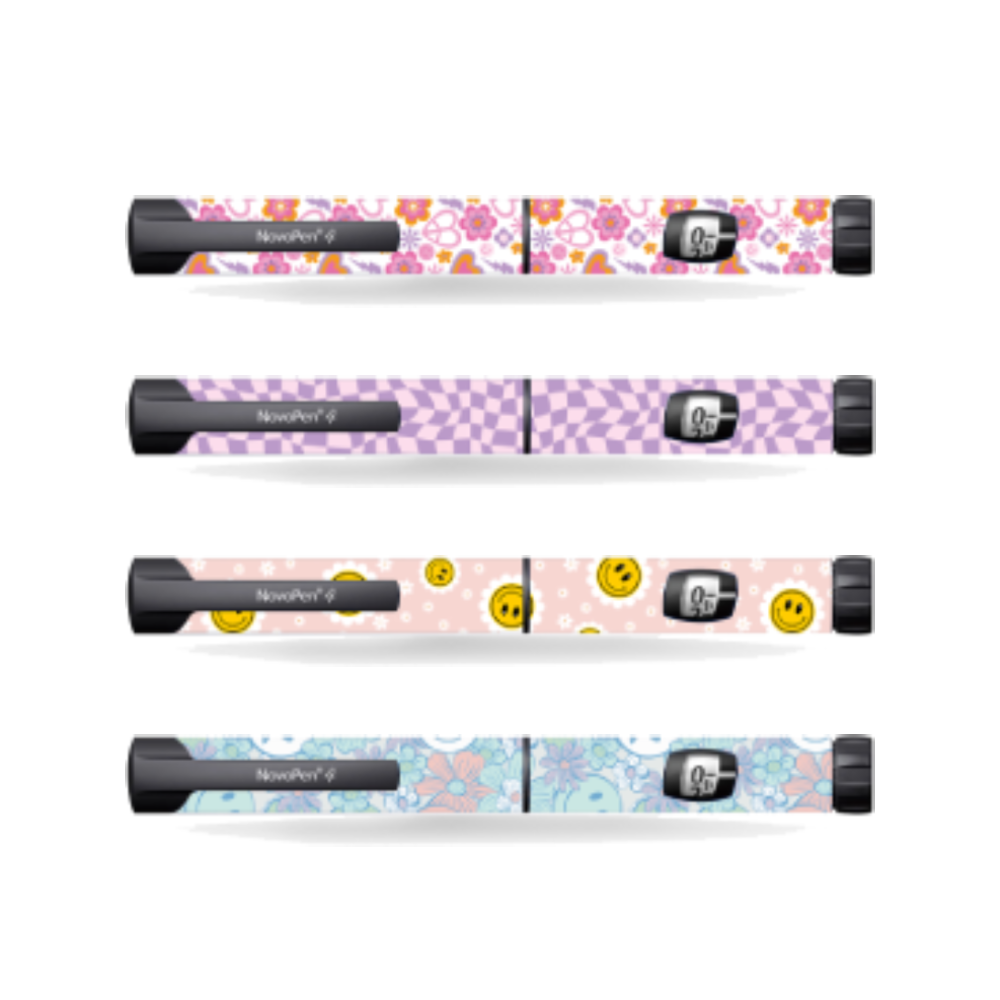 Y2K Novopen diabetes device stickers with groovy flowers, checkerboard, and smiley faces in pastel pink, purple, and blue. Image