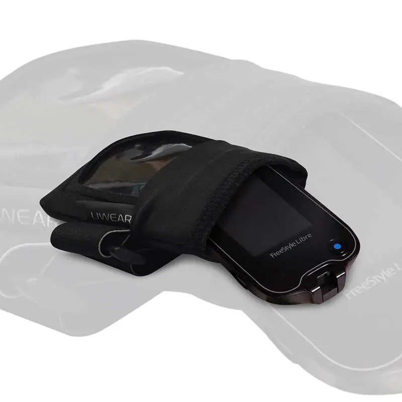 Freestyle Libre reader wrist pouch, black, with a clear window, offering protective and secure daily use. Image