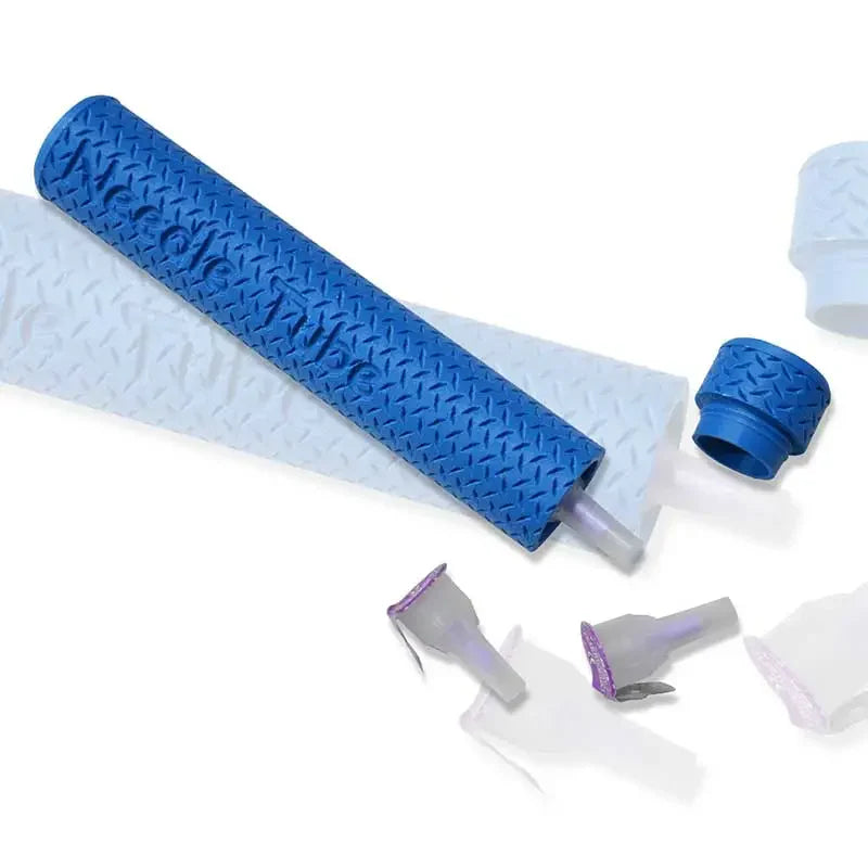 insulin pen needle storage tubes in blue textured case with removable caps for safe and hygienic storage of used insulin pen needles Image