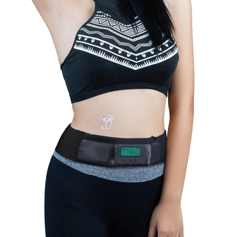 Woman wearing a black insulin pump waist belt with mesh window Image