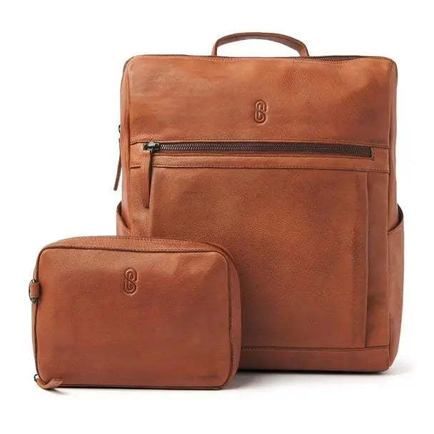 brown leather backpack and pouch for diabetics with compartments for insulin and daily supplies Image