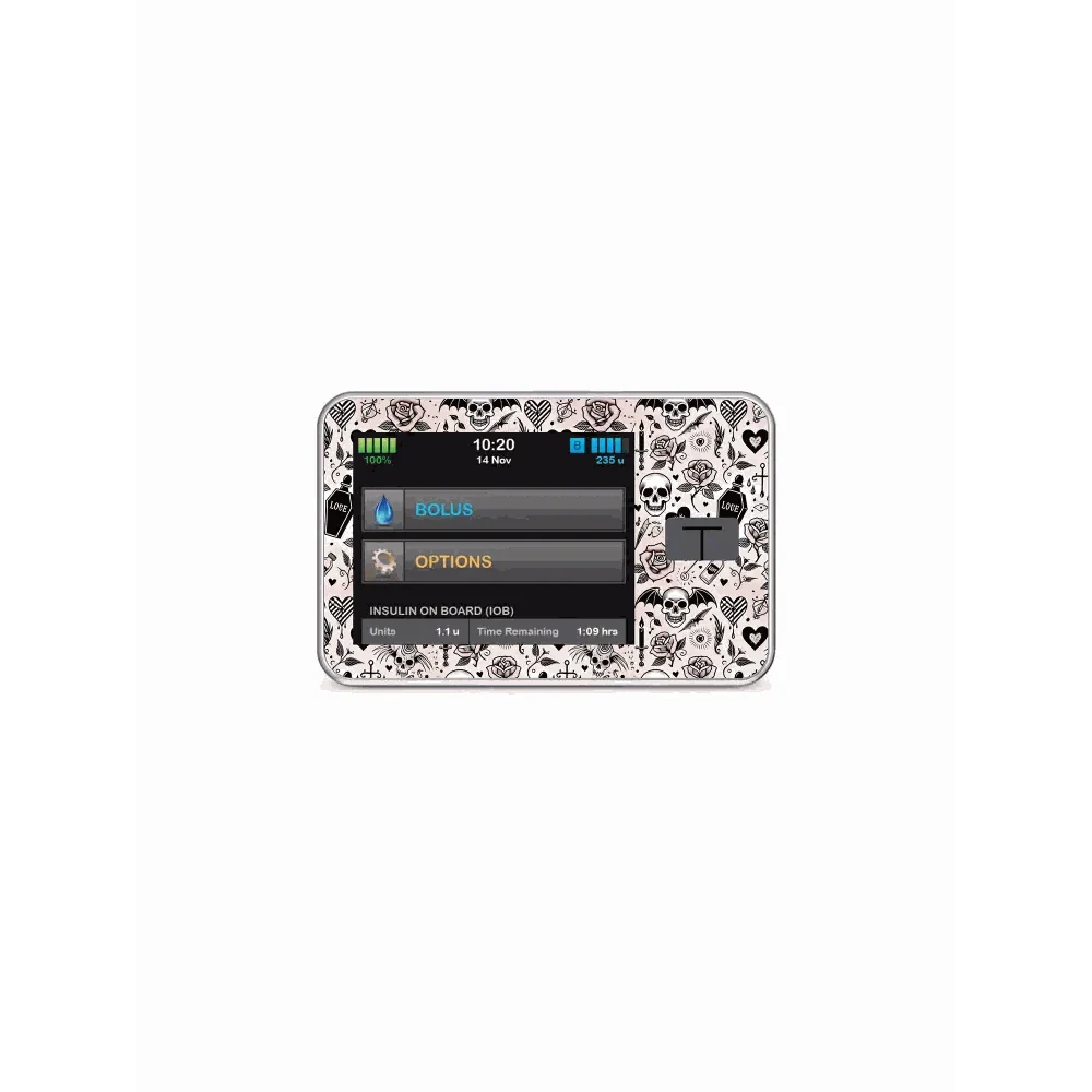 Insulin pump sticker with a black and white gothic Valentine's design featuring skulls, roses, and hearts for daily use. Image