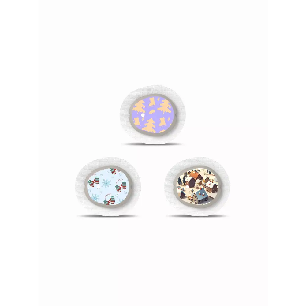 Winter-themed Dexcom G7 sensor stickers with festive Christmas designs.