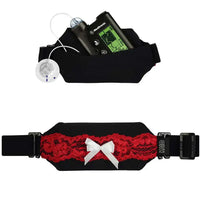 Elegant versatile insulin pump pouch with lace detailing and a charming bow, suitable for secure and discreet use.