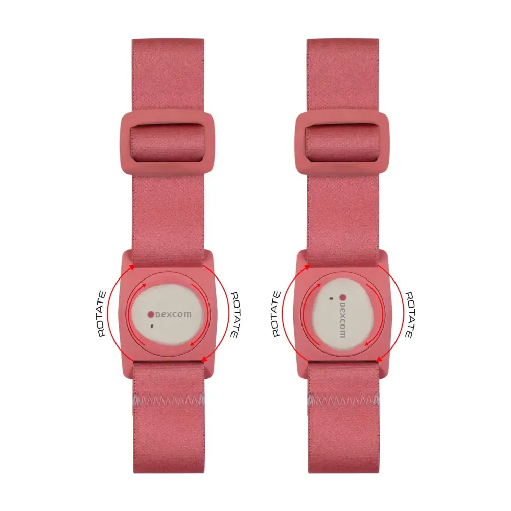 Dexcom G7 armband with rotating clip in Barbie edition pink, featuring secure adjustable fit and precise sensor alignment.