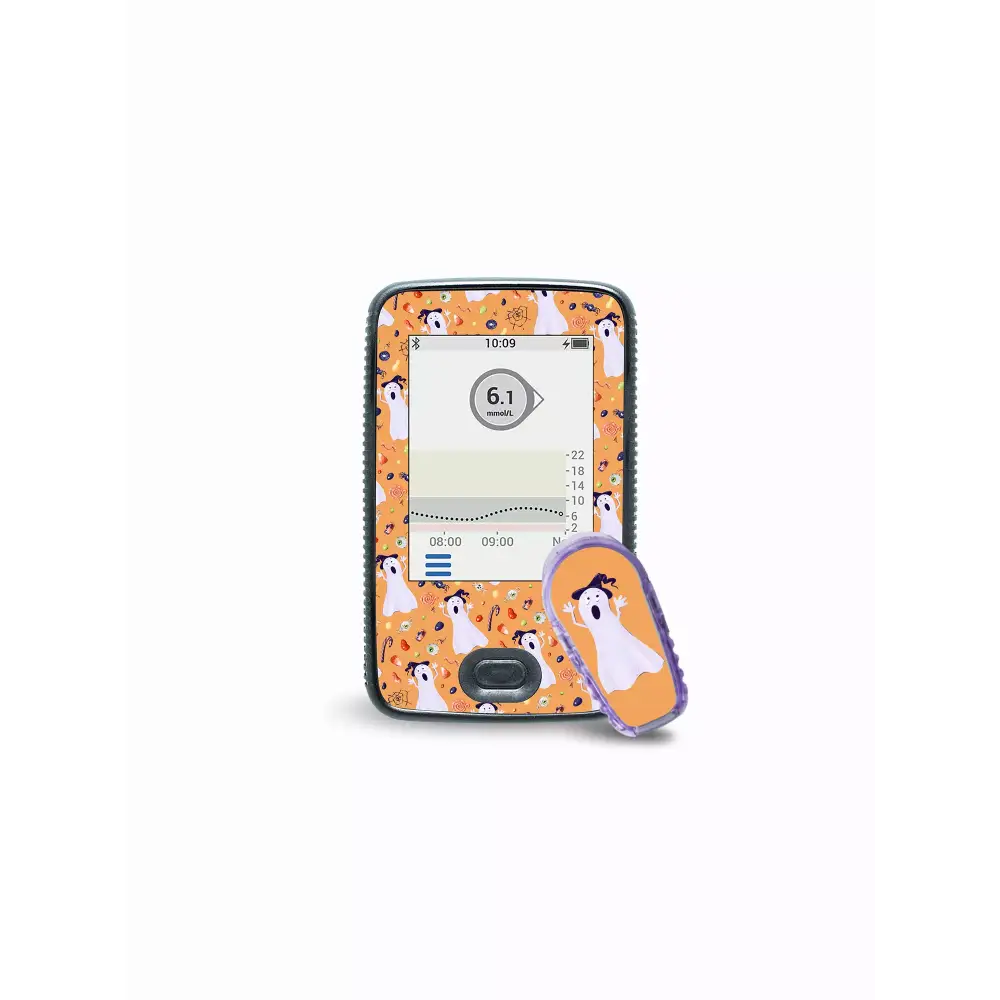Dexcom G6 Receiver and Transmitter with Halloween Edition stickers featuring festive designs.
