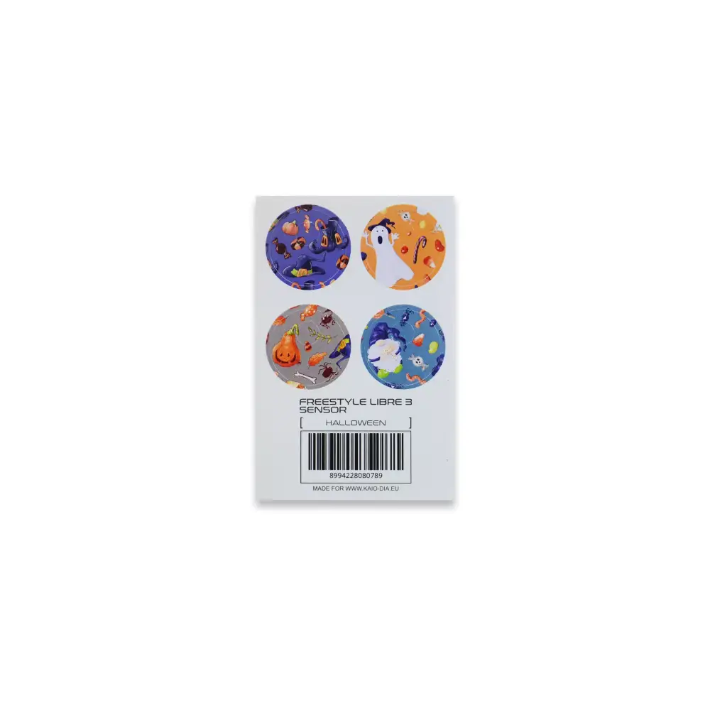 Halloween-themed Freestyle Libre 3 sensor stickers with festive designs.
