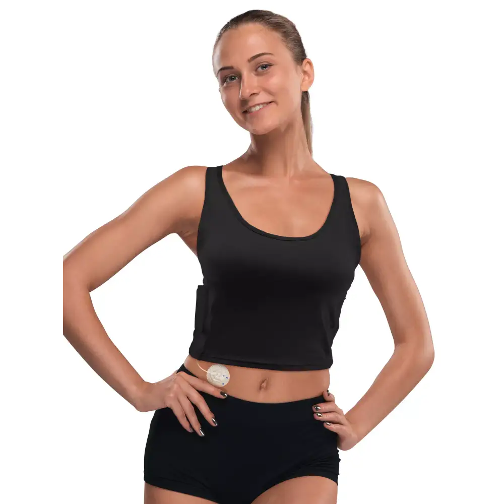 Adaptive black crop top for women with insulin pump pockets.