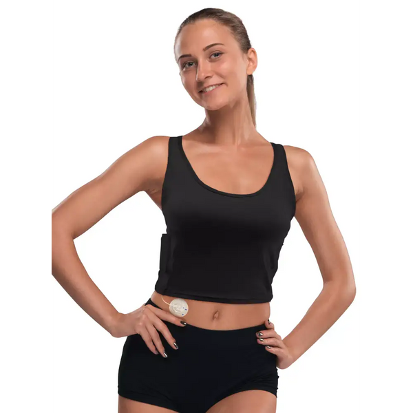 Adaptive black crop top for women with insulin pump pockets.