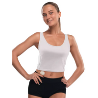 Adaptive woman's crop top designed for insulin pumps, offering comfort and style for modern women with diabetes.